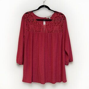 ZAC & RACHEL Women’s Blouse 2X Pink Clipped Dots Lace Bodice Boho Peasant Career